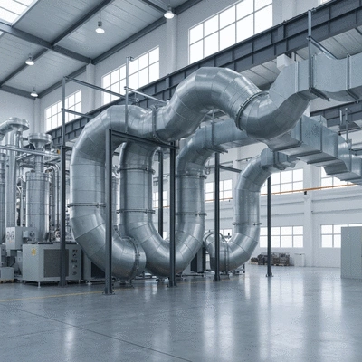 Industrial ventilation ducting supported by robust metal hangers in a factory setting, no text, no words, no typography, clean image