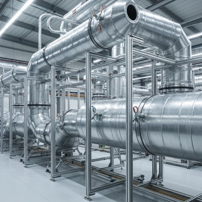 Industrial pipes and ducts secured with various types of fixations in a clean, modern factory setting