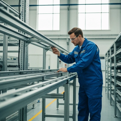 Professional engineer inspecting industrial cable management system, clean, safe environment