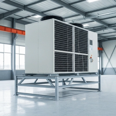 Industrial air conditioning unit mounted on a sturdy support system in a clean factory environment, no text, no words, no typography, 8K