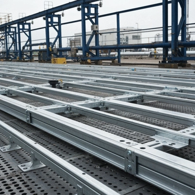 Système de supportage Bigfoot avec plots modulaires et rails métalliques installés sur une surface industrielle