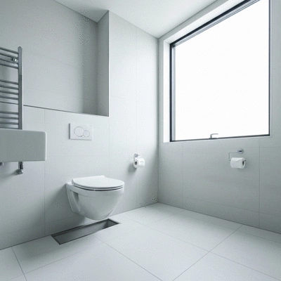 Modern bathroom with a suspended toilet and a sleek, hidden support frame
