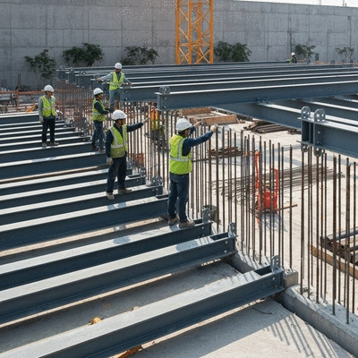 Construction site with workers ensuring safety standards