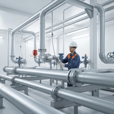 Industrial pipes and support systems with a technician performing maintenance