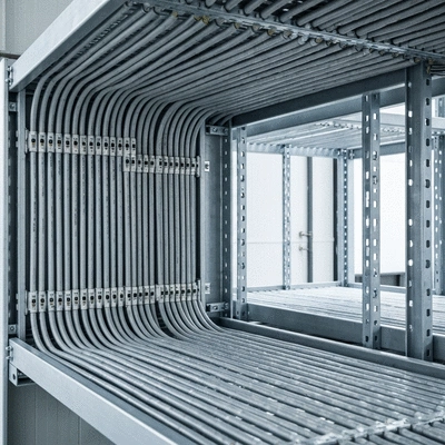 Close-up of a well-maintained industrial cable tray in a clean environment, emphasizing preventive maintenance and care