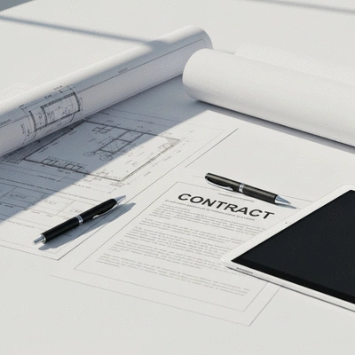 Detailed industrial blueprints and a contract on a desk