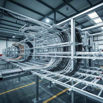 Industrial cable trays with various cables running through them, professionally installed and supported