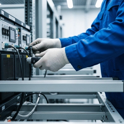 Close-up of a technician checking electrical support rails and consoles in a modern data center
