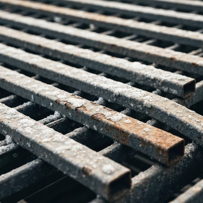 Industrial cable trays in a humid, salty environment, showing signs of wear and corrosion, with a focus on material degradation