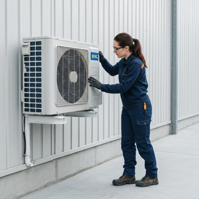 Technician inspecting a wall-mounted air conditioning outdoor unit with safety equipment