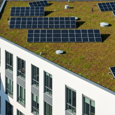 Modern building with green roof and solar panels, symbolizing eco-friendly air conditioning solutions, no text, no words, no typography, clean image