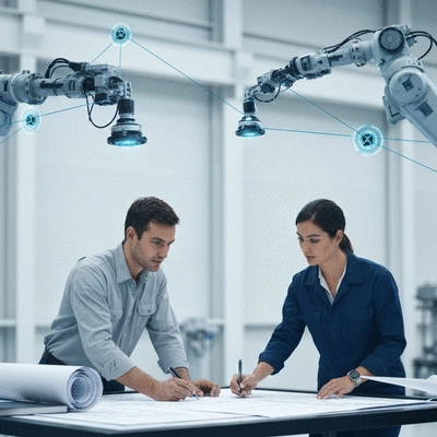 Engineers discussing blueprints with Bigfoot support systems in the background