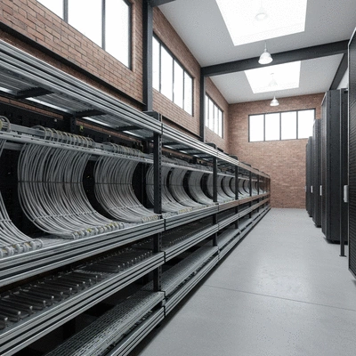 Industrial cable trays with neatly organized cables in a data center