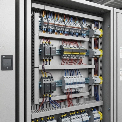 Industrial electrical panel with clearly labeled wiring, clean image