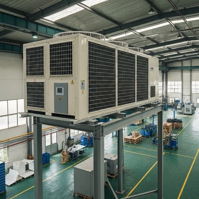Industrial air conditioning unit mounted on a high support structure