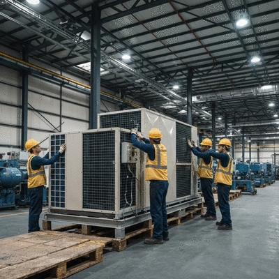 Industrial air conditioner unit being installed by technicians, emphasizing safety protocols