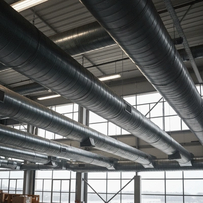 Gaines de ventilation suspendues dans un grand espace industriel, bien organisées et accessibles, ambiance propre