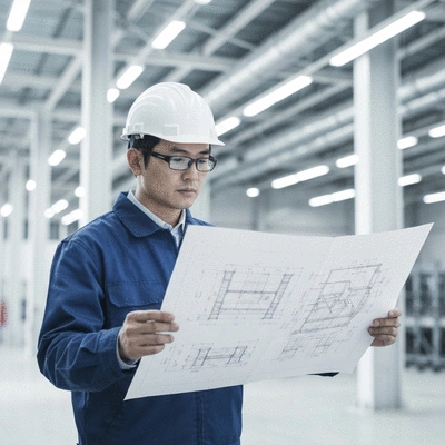 Engineer reviewing blueprints for an industrial support system
