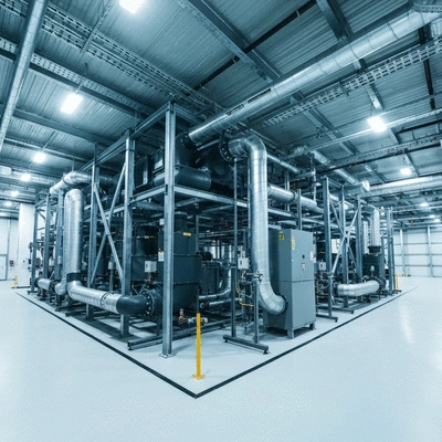 Industrial HVAC system with support structures in a modern building