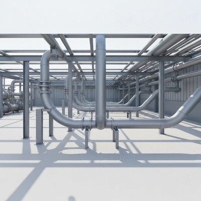 Industrial piping system with various supports, clean, well-maintained, no text, no words, no typography, 8K, natural lighting
