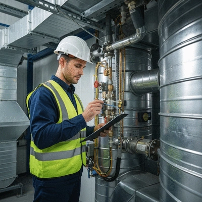 Professional engineer inspecting industrial ventilation system for compliance and safety