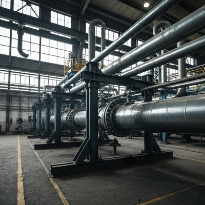 Bigfoot support system stabilizing heavy industrial pipes in a factory setting
