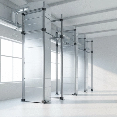 Système de supportage modulable pour gaines de ventilation installé dans un environnement industriel propre, no text, no words, no typography, clean image