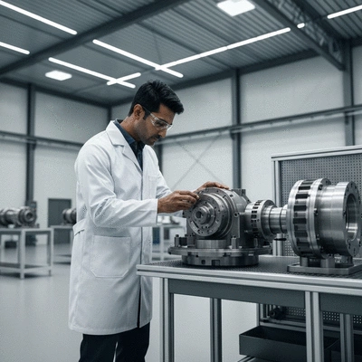 Engineer reviewing blueprints for sustainable industrial support systems