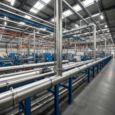 Industrial pipe support system with various types of supports installed, showcasing durability and complex engineering, no text, no words, no typography, clean image
