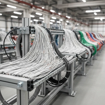 Industrial cable management system with various cables organized on supports in a factory setting