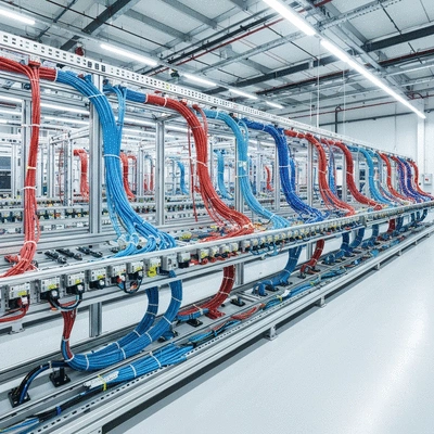 Industrial electrical cables organized on support rails in a factory setting