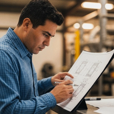 Engineer reviewing technical drawings for ducting supports
