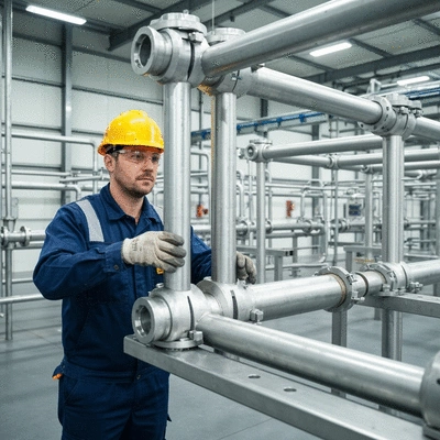 Industrial worker installing modular pipe support system in a clean factory environment, focused on the connection points
