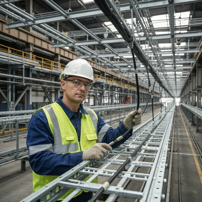 Industrial worker inspecting a suspended cable tray system, safety equipment, clean image, no text, no words, no typography, 8K