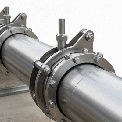 Gros plan sur des supports anti-sismiques en acier inoxydable fixant une tuyauterie