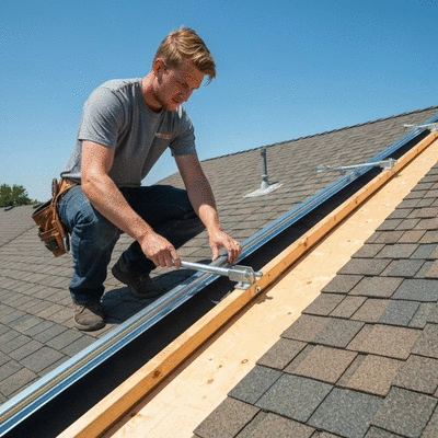 Professional inspecting a Bigfoot Supportage system on a roof, ensuring proper installation and safety, no text, no words, no typography, clean image