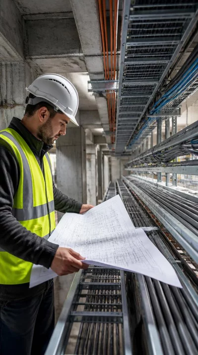 Professional engineer reviewing blueprints and industrial cable management plans on a construction site