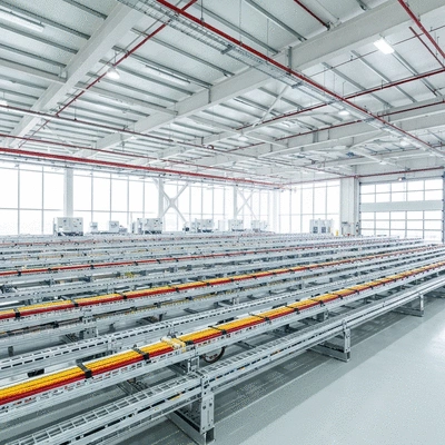 Modern industrial facility with neatly organized cable trays and support systems