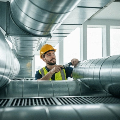 Engineer inspecting ventilation ducts in a modern building