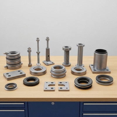 Industrial pipe support accessories, various types like clamps and seals, neatly arranged on a workbench