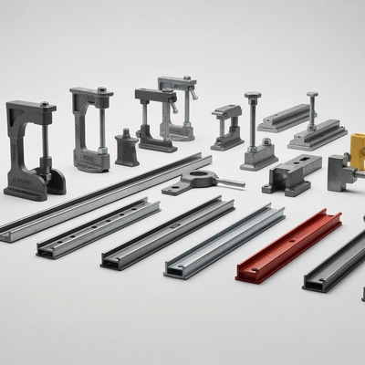 Close-up of various types of industrial support clamps and rails, displaying different materials and designs, no text, no words, no typography, clean image