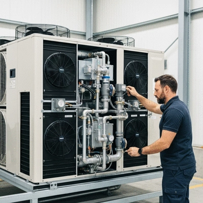 Technician checking an air conditioning unit for energy efficiency, with focus on support system