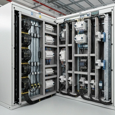 Industrial electrical panel with neatly organized cable trays and supports