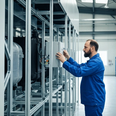 Engineer inspecting an industrial air conditioning system