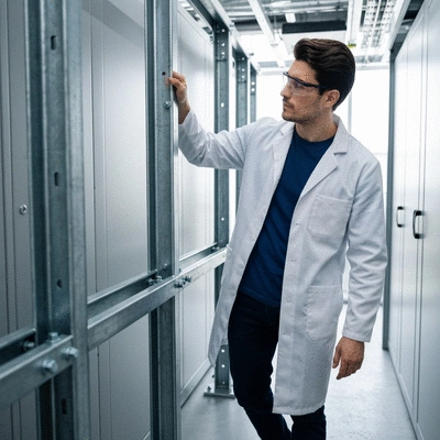 Industrial engineer inspecting a sturdy air conditioning support system, showing attention to detail and safety, no text, no words, no typography, 8K