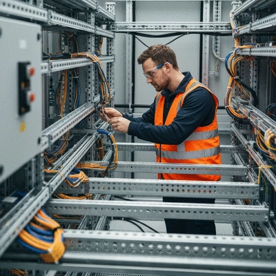 Engineer inspecting industrial electrical wiring, clean image